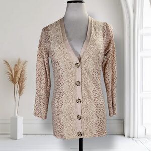 Charlotte Tarantola Cardigan Sweater Size L Beige Animal Print Lace Trim Cotton
